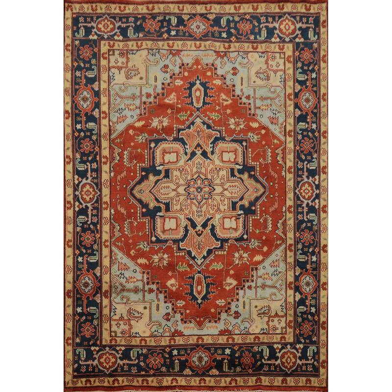 Hand Knotted Oriental 100% Wool Carpet Traditional Medallion Oranges & Rust Heriz (serapi) Area Rug - 9' 10'' X 8' 0''