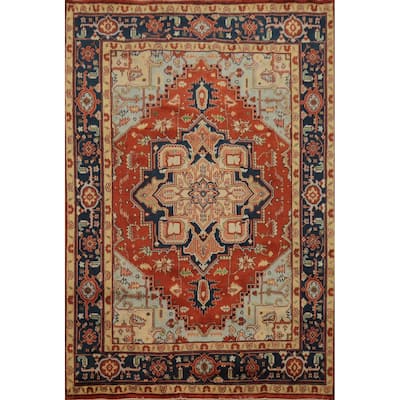 Hand Knotted Oriental 100% Wool Carpet Traditional Medallion Oranges & Rust Heriz (serapi) Area Rug - 9' 10'' X 8' 0''