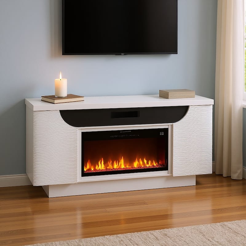76" White Ribbed Wood Electric Storage Cabinet Fireplace With LED And Speaker - White - Electric