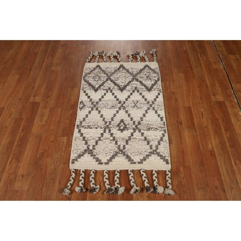 Geometric Moroccan Accent Rug Handmade Beige Wool Carpet - 2'0"x 3'0"