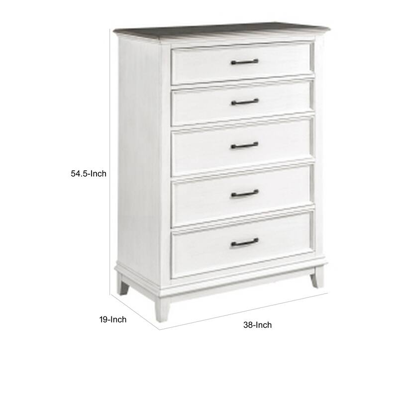 Woki 55 Inch Tall Dresser Chest, 5 Drawers, White and Brown Solid Wood