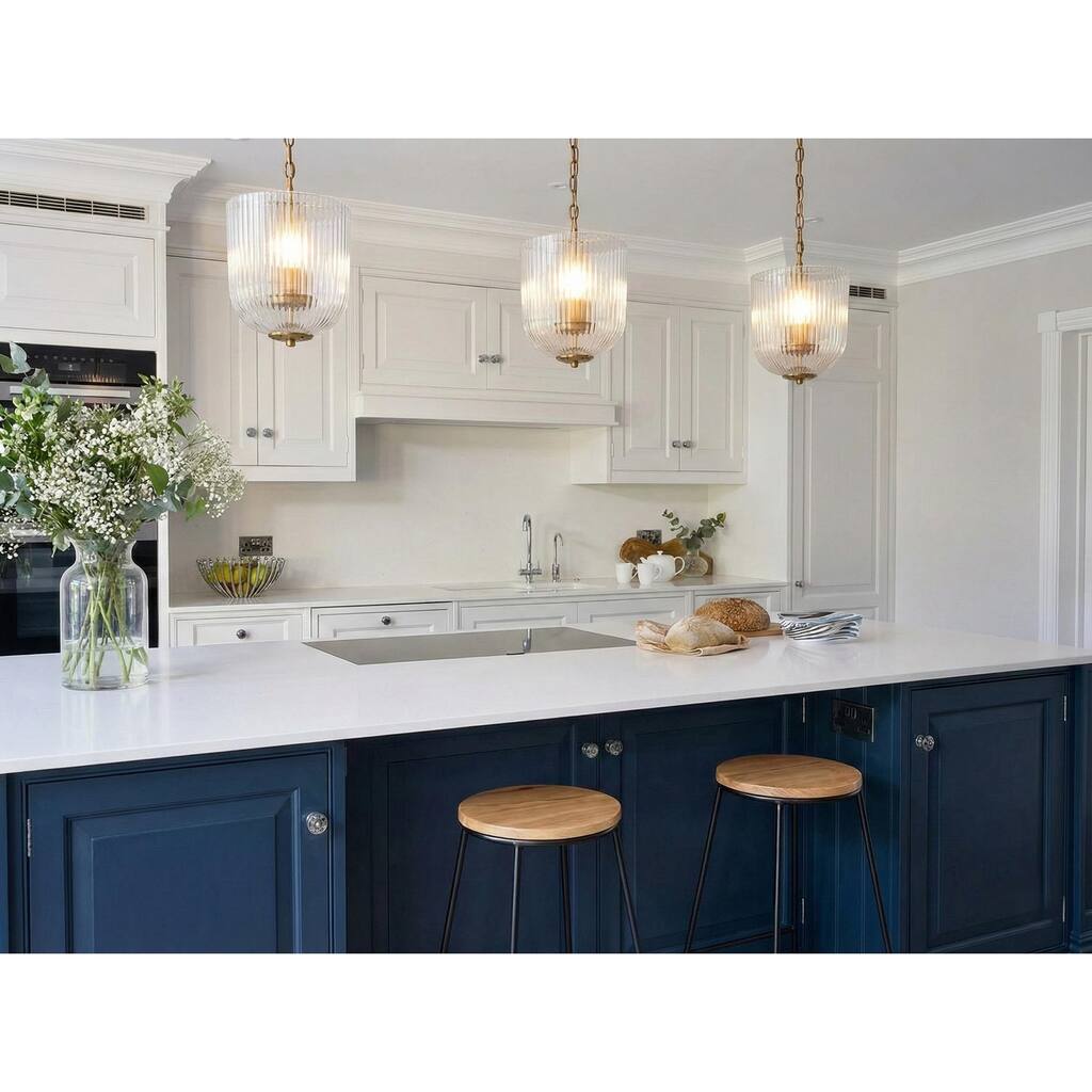 Comet Ribbed Glass Pendant Light with Brass Finish