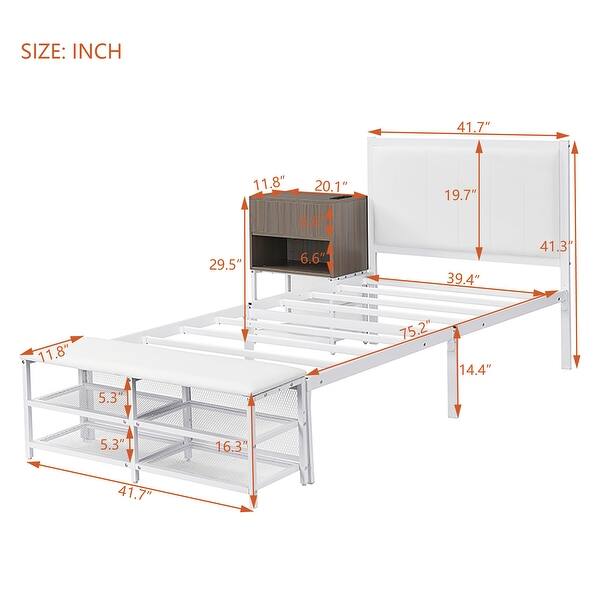 dimension image slide 0 of 4, Metal Platform Bed Frame with Storage Cabinet and Cushioned Footrest