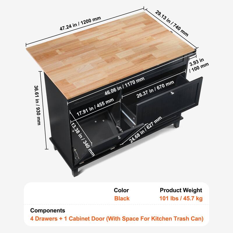 Black Kitchen Island Cart Serving Cabinet with 4 Storage Drawer 4 Multi-Functional Hooks - 50x29x37 inch