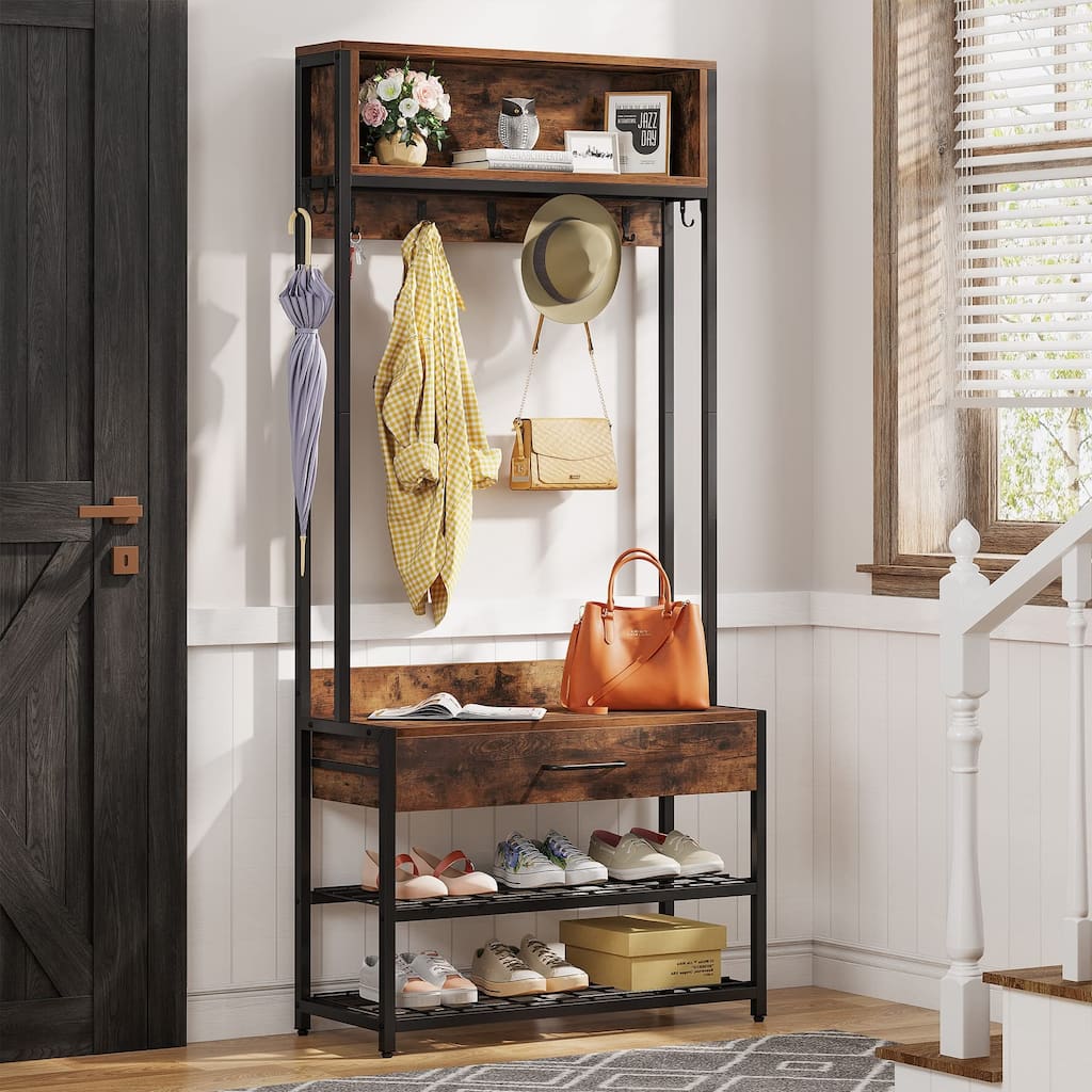 3-in-1 Entryway Hall Tree with Drawer, Vintage Industrial Coat Rack with Shoe Bench & Hutch & 9 Hooks