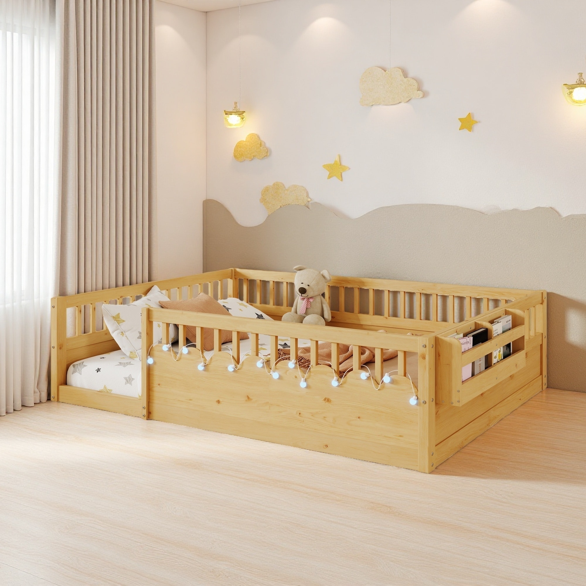 Full Solid Wood Montessori Floor Bed with Guardrails & LED Shelf