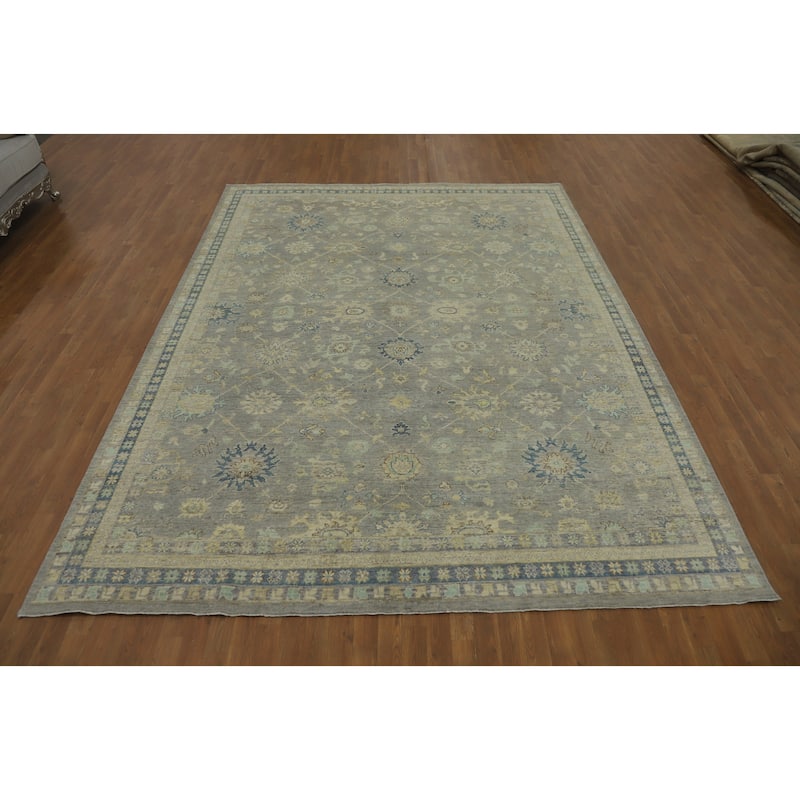 Handmade Gray Oushak Vegetable Dye Area Rug, Floral Geometric Carpet - 11' 8'' X 9' 0''