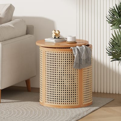 Versatile Natural Wood Side Table with Solid Wood Top and Hollow-out Frame, Storage Table for Living Room Badroom Entryways
