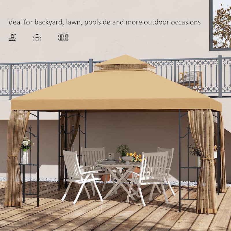 Outsunny 10' x 12' Patio Gazebo with Corner Frame Shelves, Double Roof Outdoor Gazebo Canopy Shelter with Netting