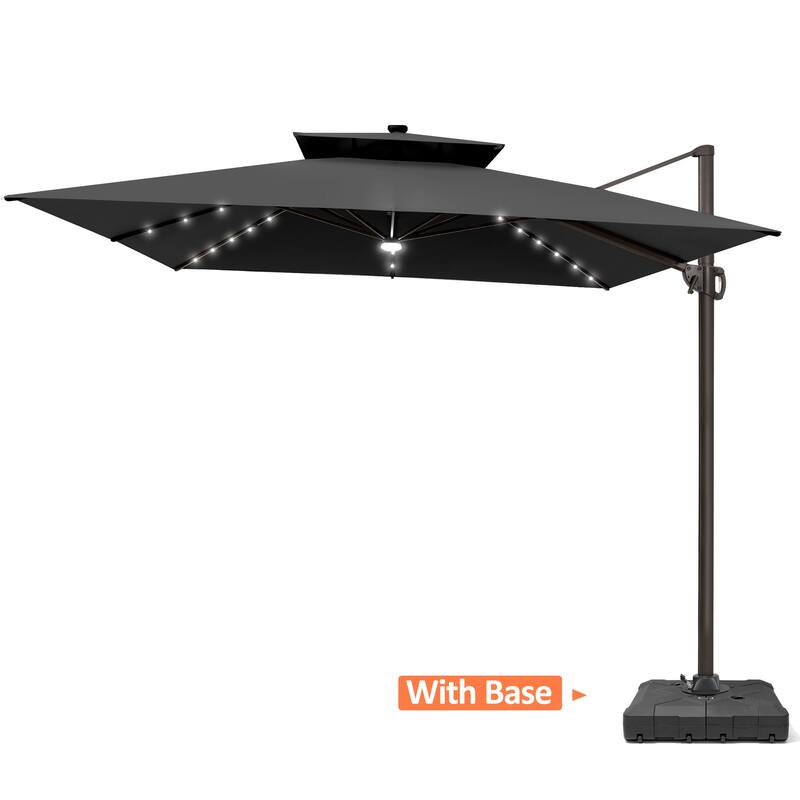 VredHom 11X11 FT Outdoor Aluminum Square Cantilever Patio Umbrella Solar LED Light with Weights Base