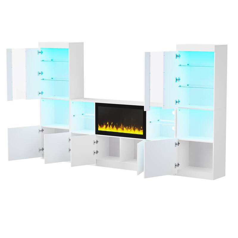 LED High Gloss TV Stand Display Cabinet Set with Glass Shelves, 111" TV Media Storage Console with Electric Fireplace