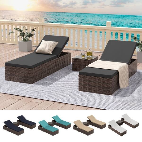 slide 1 of 32, Rian 3-Piece Rattan Wicker Patio Chaise Lounge Set with 6 Positions, Cushions, & Table