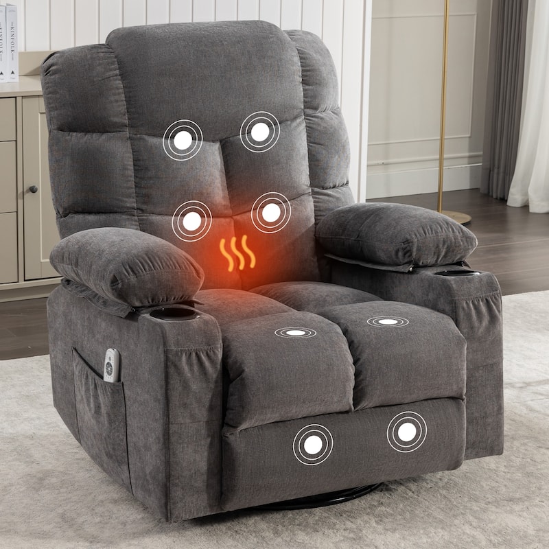 Grey Oversized Rocker Recliner with Vibration Massage, Heating, USB Port, Dual Cup Holders, and Side Pockets - Grey
