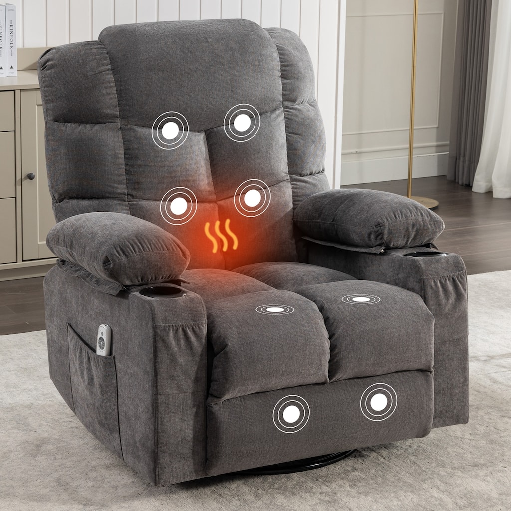 Grey Oversized Rocking Recliner with Vibration Massage, Heating, USB Port, Dual Cup Holders, and Storage Pouch