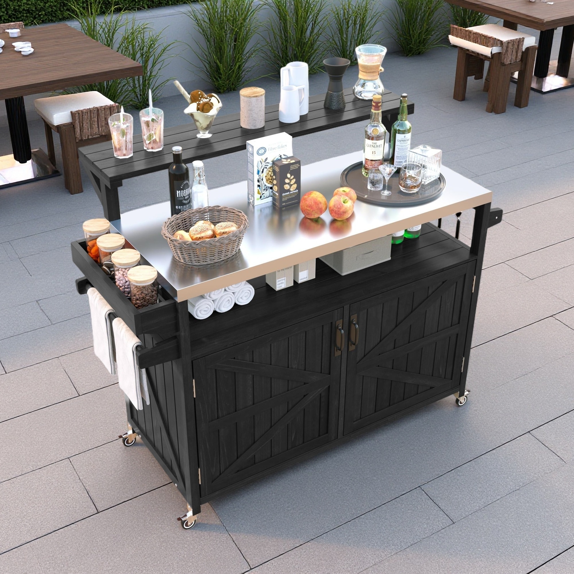 Kitchen Island with Raised Shelf, Internal Storage Rack and Adjustable Shelf