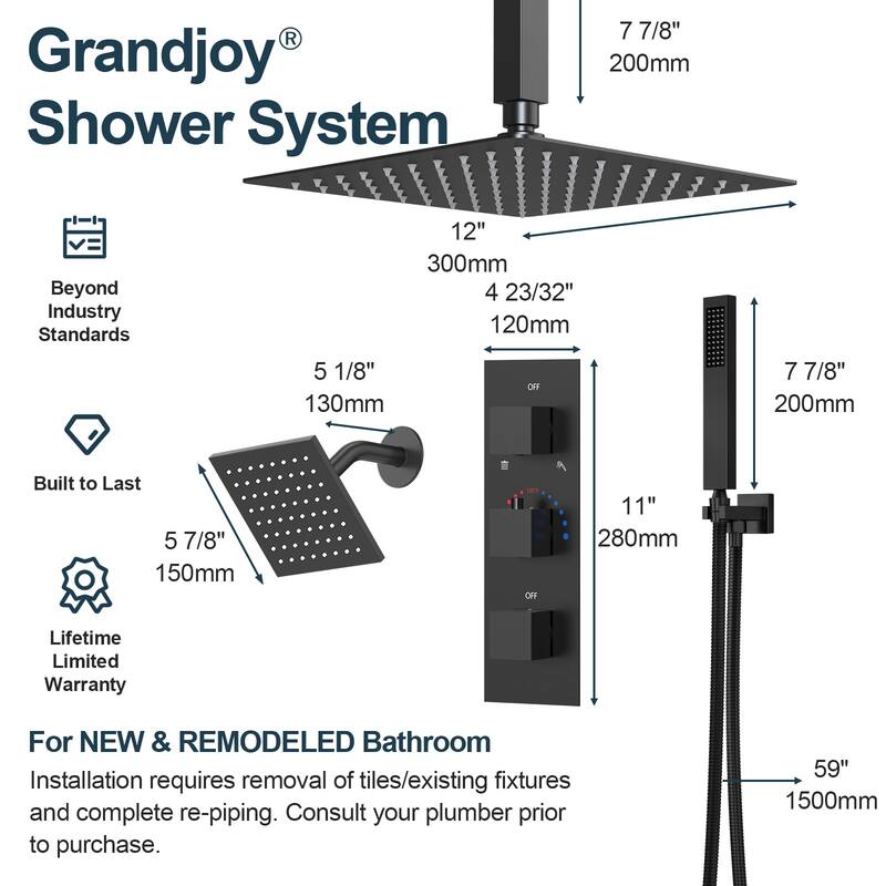 GRANDJOY 12" Ceiling-Mount Shower System Rainfall Shower Head with Anti-Scald Valve