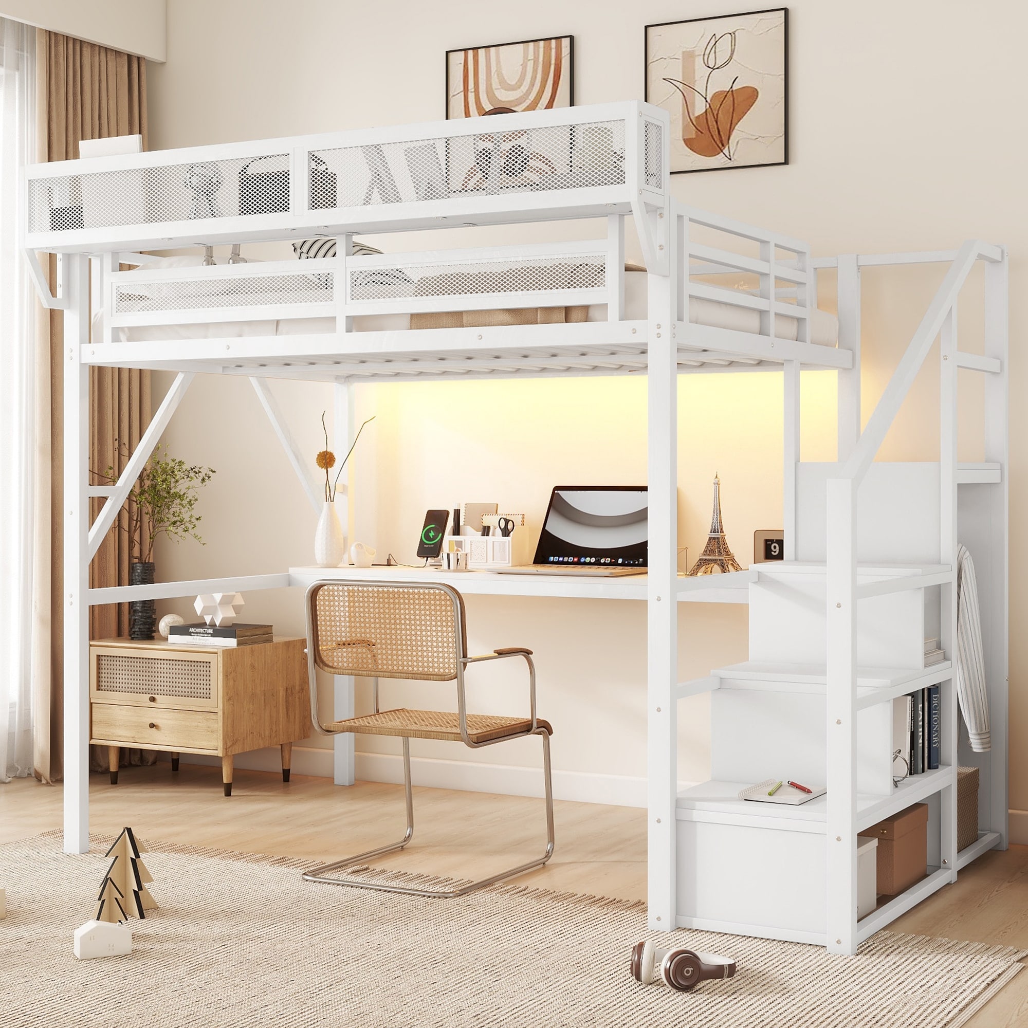 Metal Queen Size Loft Bed with Stairs,Wardrobe and Shelves