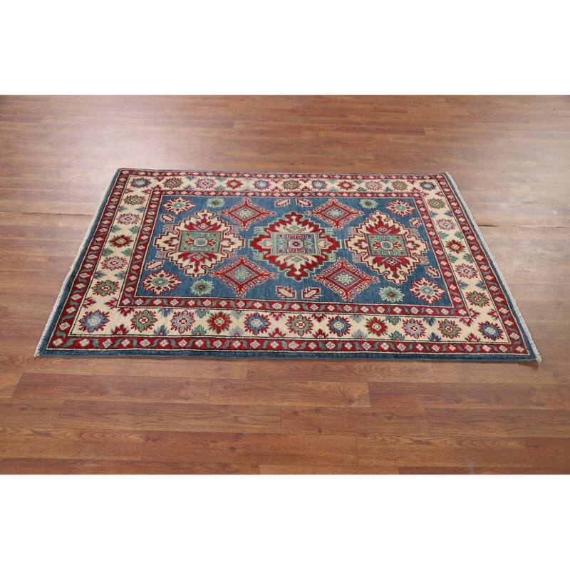 Blue Kazak Accent Rug Handmade Wool Carpet - 3'4" x 4'10"