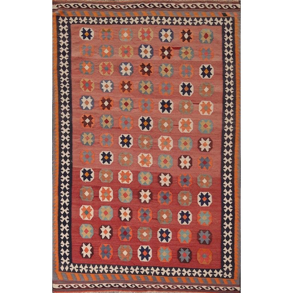 Kilim Qashqai Persian Vintage Rug Hand-Woven Pink Wool Carpet - 5'0"x 7'10"