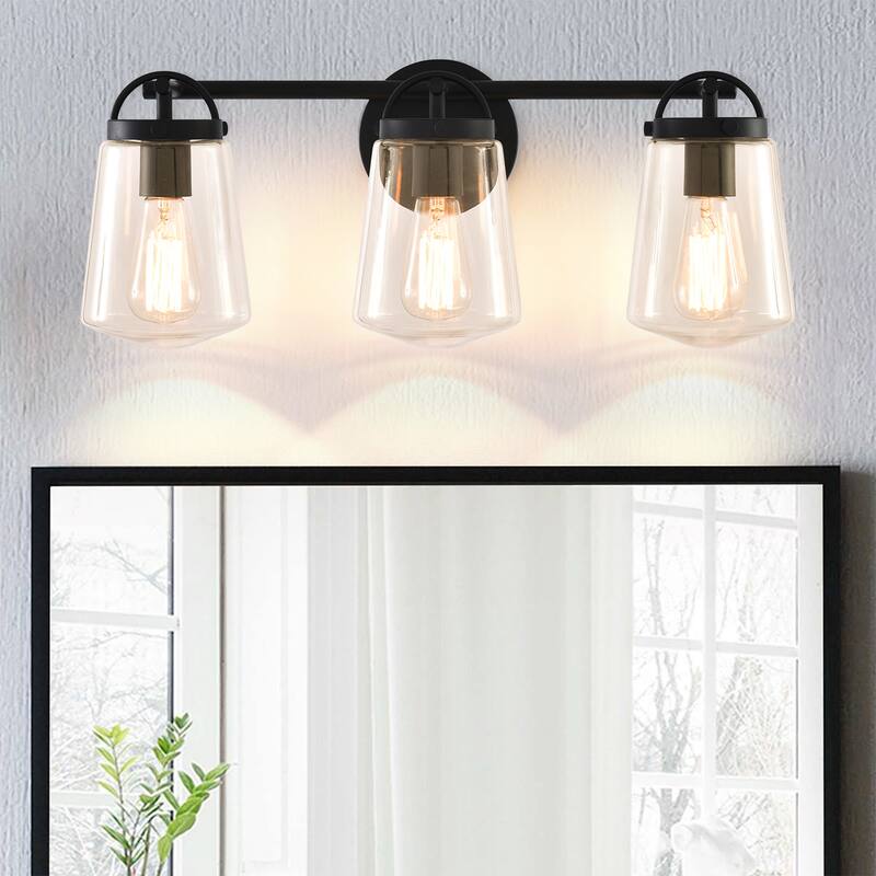 22" Modern 3-Light Glass Bathroom Vanity Light Wall Sconce - Matte Black