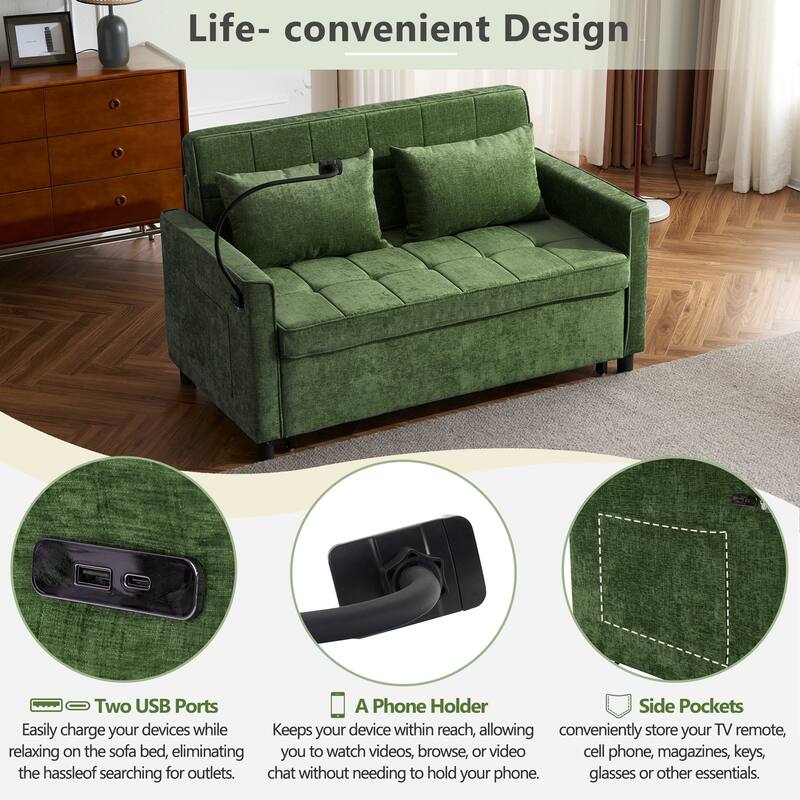 Pull-Out Sofa Bed Sleeper Sofa with A Reversible Backrest Cushion, Side Pockets, Two USB Ports and a Phone Holder