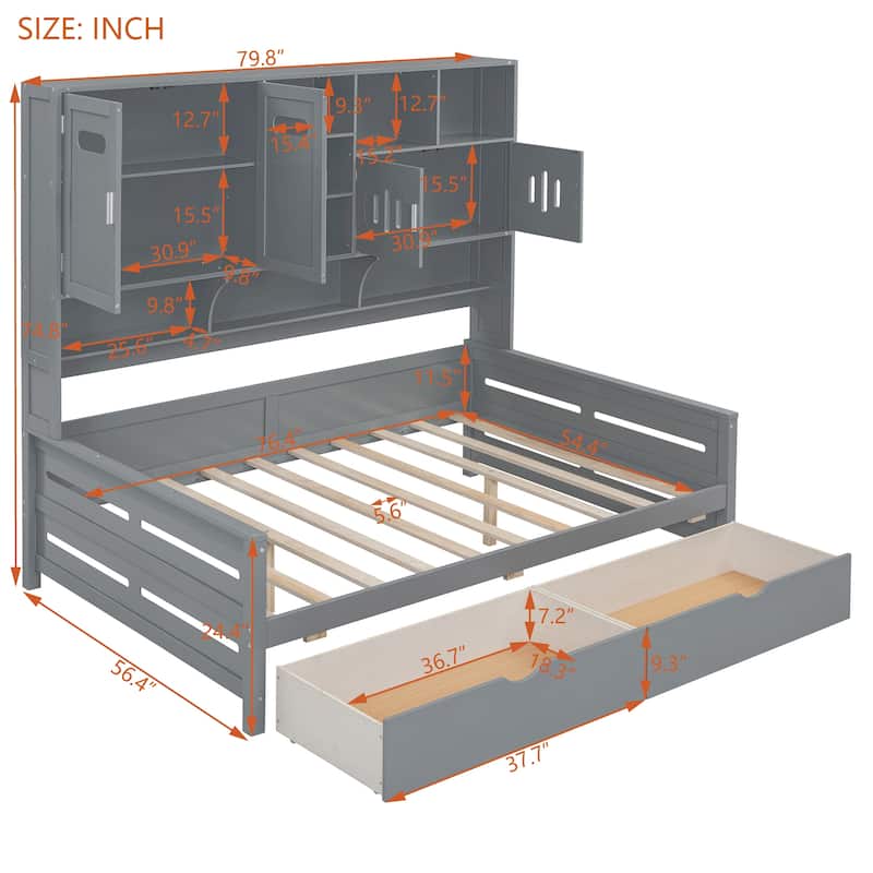 Full Size Wooden Daybed With 2 Drawers