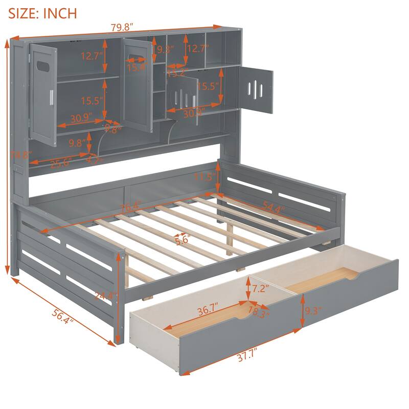Full Size Wooden Daybed with 2 Drawers, All-in-One Cabinet and Shelf for Bedroom