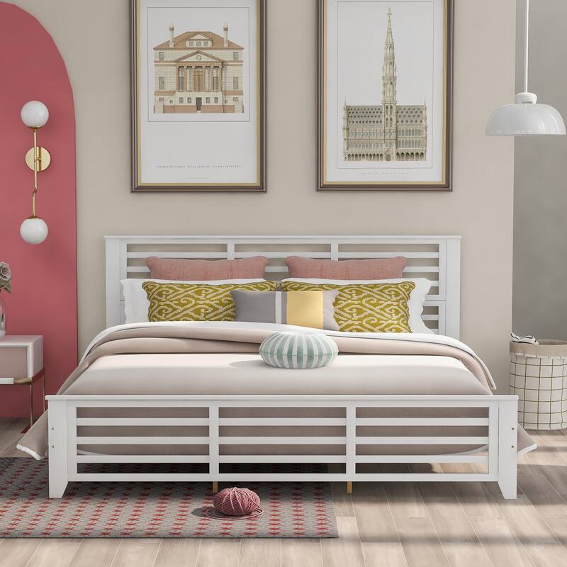 King Size Wooden Platform Bed, w/Horizontal Stripe Hollow Shape