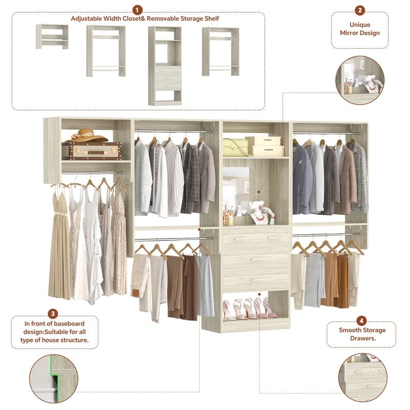 Cimly Set of 4 Closet System Organizers, Heavy-duty Wall-mounted Modular Closet Organizers with Mirror
