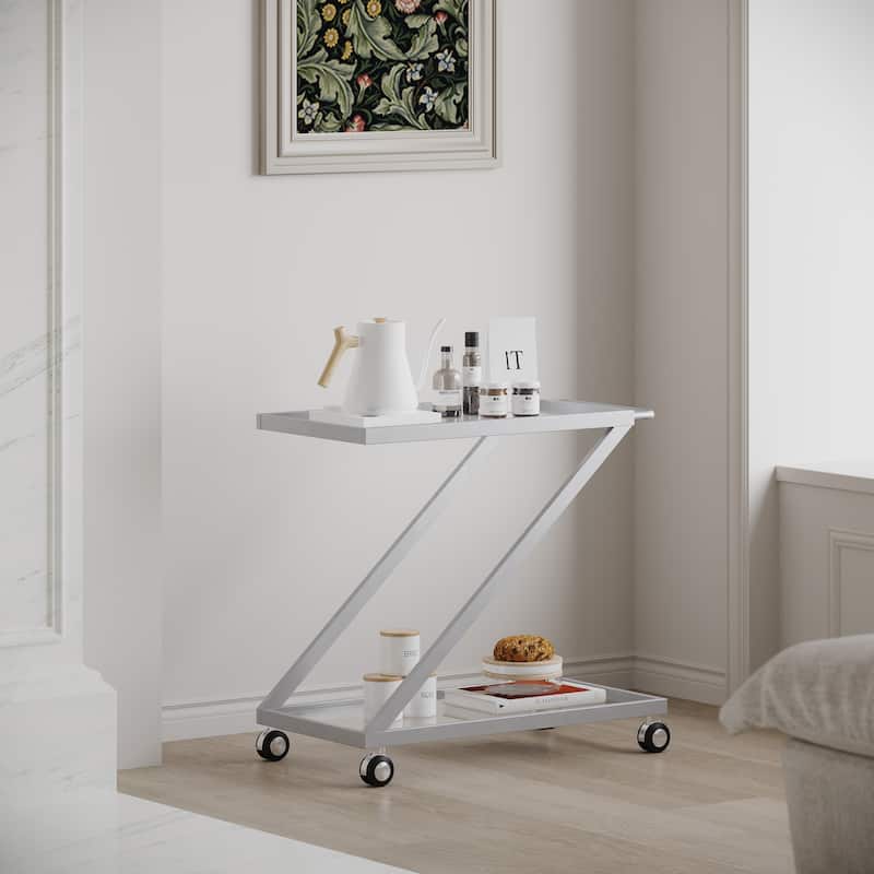 Chic Bar Cart with Tempered Glass, Locking Casters, Iron Frame, 36.5" L x 18.75" W, Minimalist Design