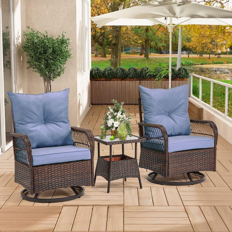 3-Piece Outdoor Rocking/Swivel Chair Set - PE Rattan Patio Furniture with Cushions & Coffee Table, Rocker Chairs for Backyard