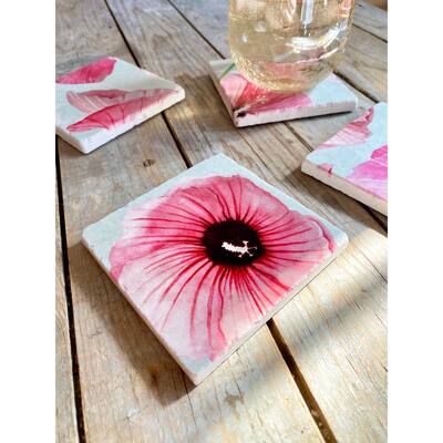 Pink Rose of Sharon Marble Coaster Set