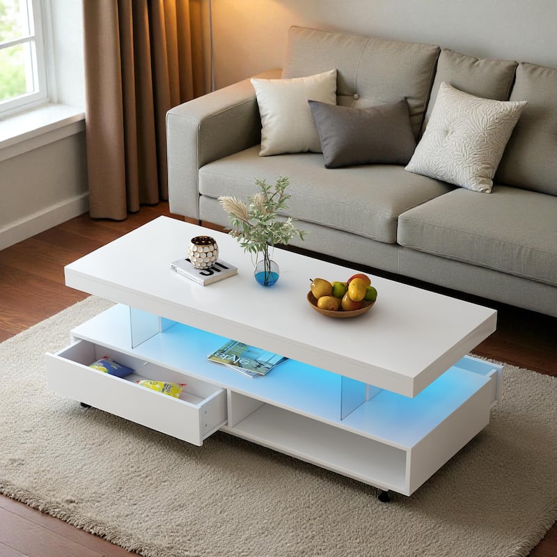 51.2'' LED Coffee Table with 2 Drawers and Shelves, Modern High Gloss Center Table with Storage for Living Room