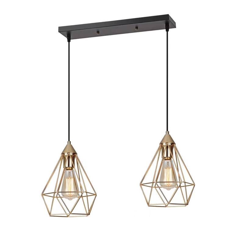 HomeRoots Kitchen Island Geometric Two Light Iron Flush Ceiling Light With Gold Shades - 19.21" x 22.83" x 4.7"