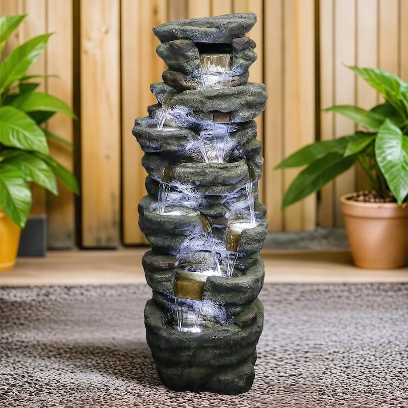 51in H Outdoor Water Fountain, 7-Tier Rock Waterfall Fountain for Home - Floor - Polyresin - Grey