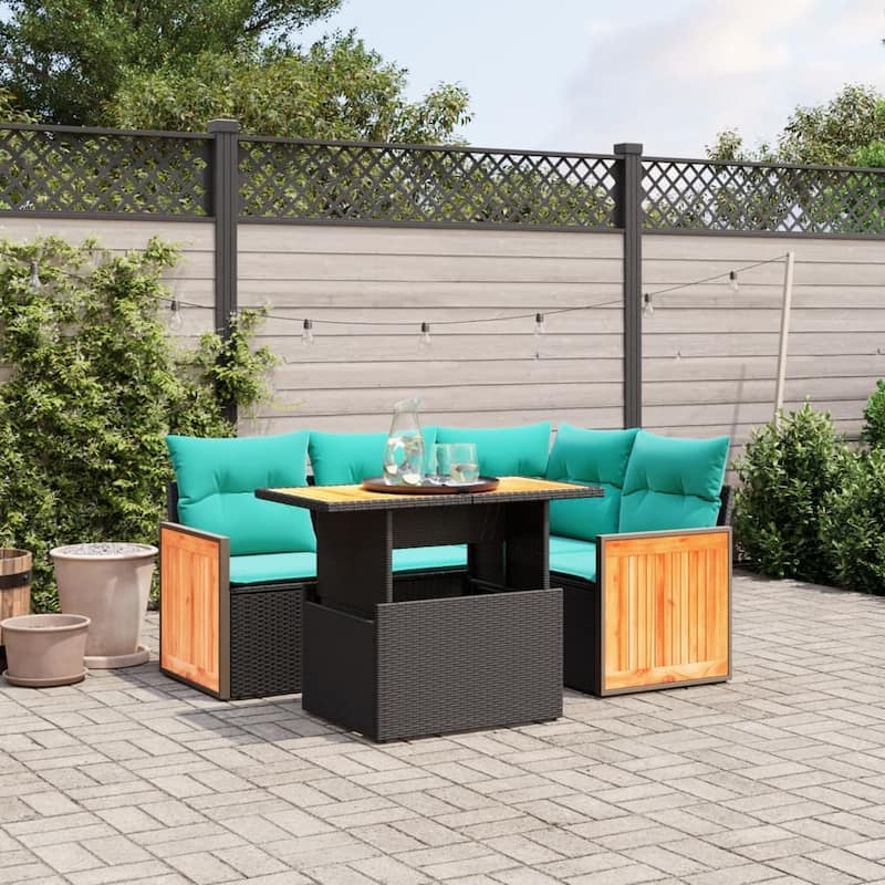 vidaXL Patio Sofa Set with Cushions Outdoor Furniture 5 Piece Poly Rattan - 21.7 x 24.4 x 27.2 - Black