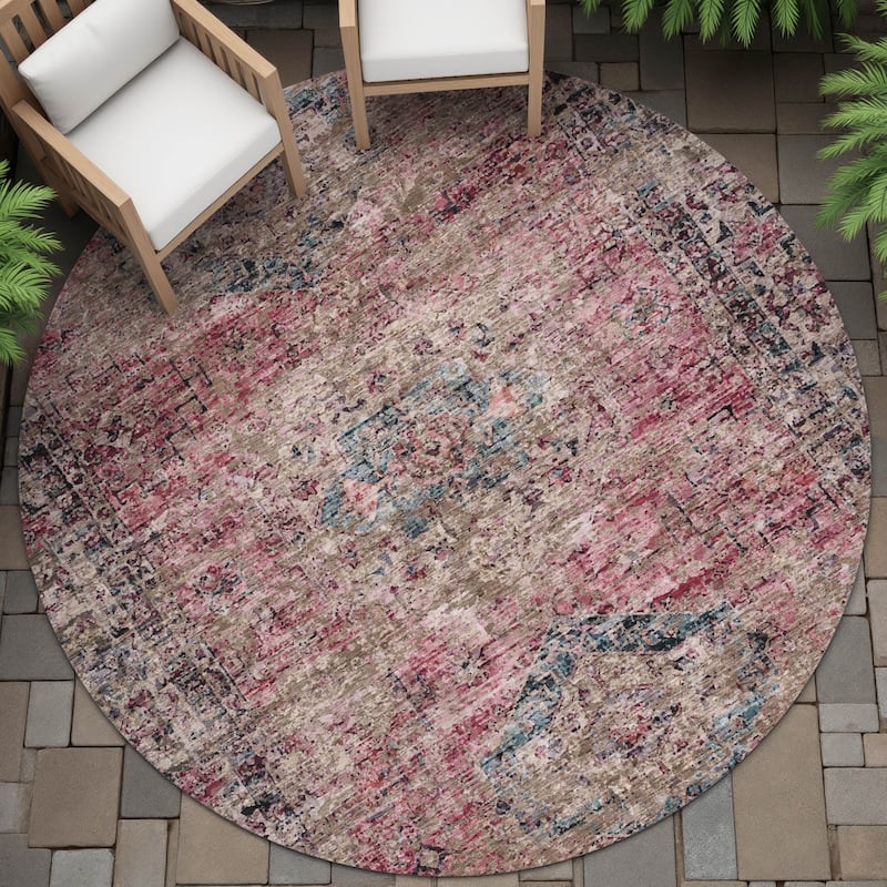 Machine Washable Indoor/Outdoor Vintage Traditional Chantille Rug - Pink - 8' x 8'