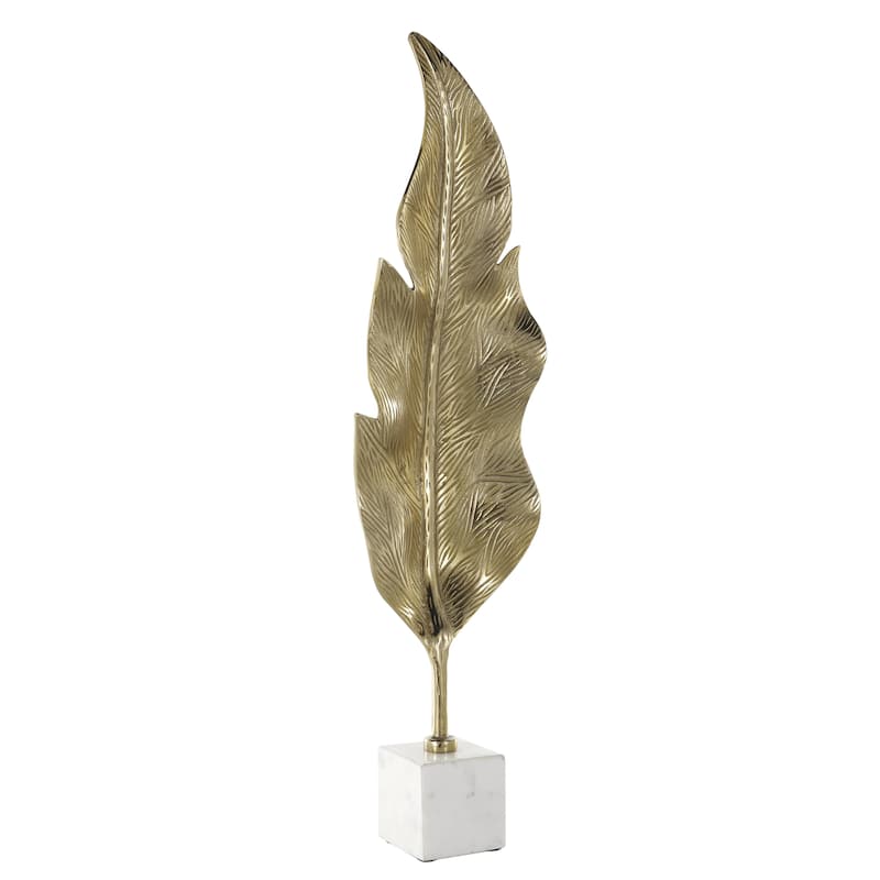 Aluminum Metal Leaf Tall Textured Decorative Sculpture with White Marble Base - Gold - Roche River Decor