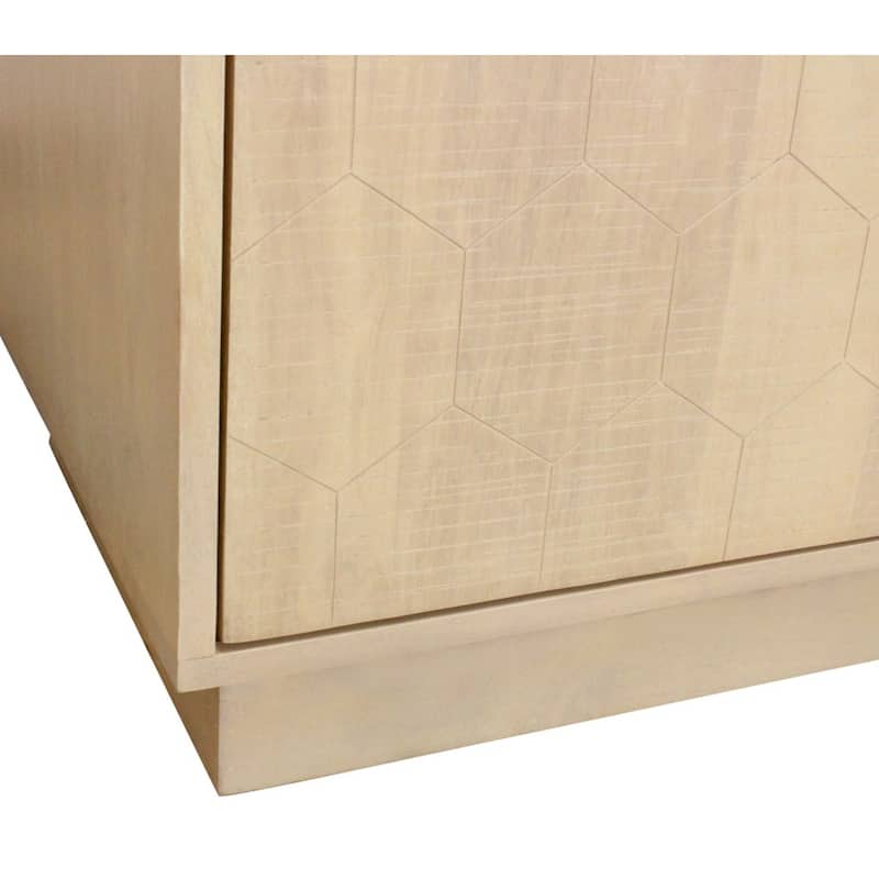 HomeRoots 72" Natural Distressed Solid Wood Carved Geometric Sideboard with Four Doors - 72.00 in. x 34.00 in. x 20.00 in.