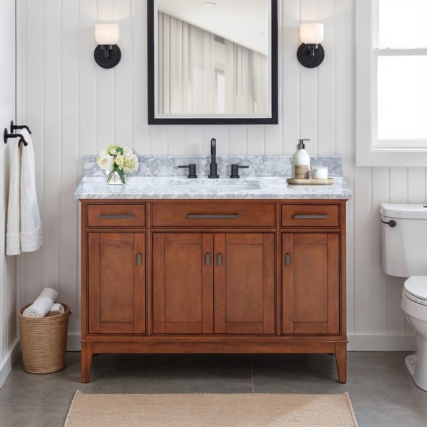 slide 2 of 22, Madison 48 in. Single Sink Bathroom Vanity with Carrara Marble Top - 49"W x 22"D Tobacco