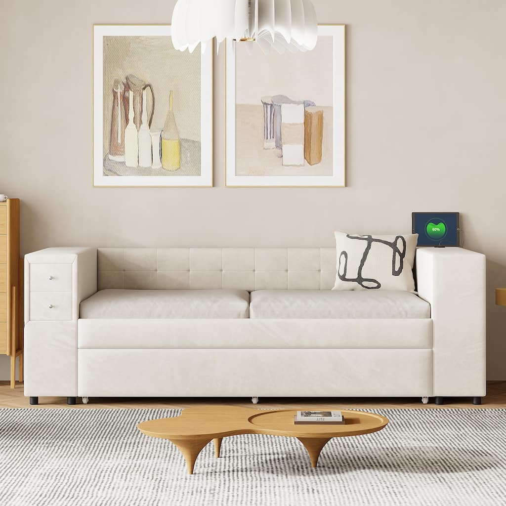 Twin Size Upholstered Daybed, French Velvet Fabric Sofa Bed Frame with Pull Out Trundle, USB Ports, 2 Drawers and Side Storage