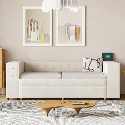 Twin Upholstered Bed with Storage and Twin Trundle, USB Charging Ports, French Velvet, Beige