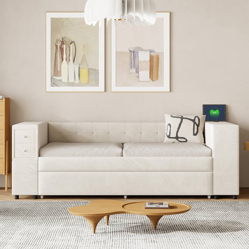 Twin Velvet Upholstered Platform Bed with Trundle, USB Charging, Storage Drawers, Beige/Gray