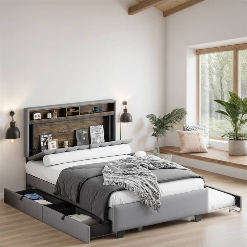Full Size Linen Upholstered Platform Bed with Trundle and USB Ports
