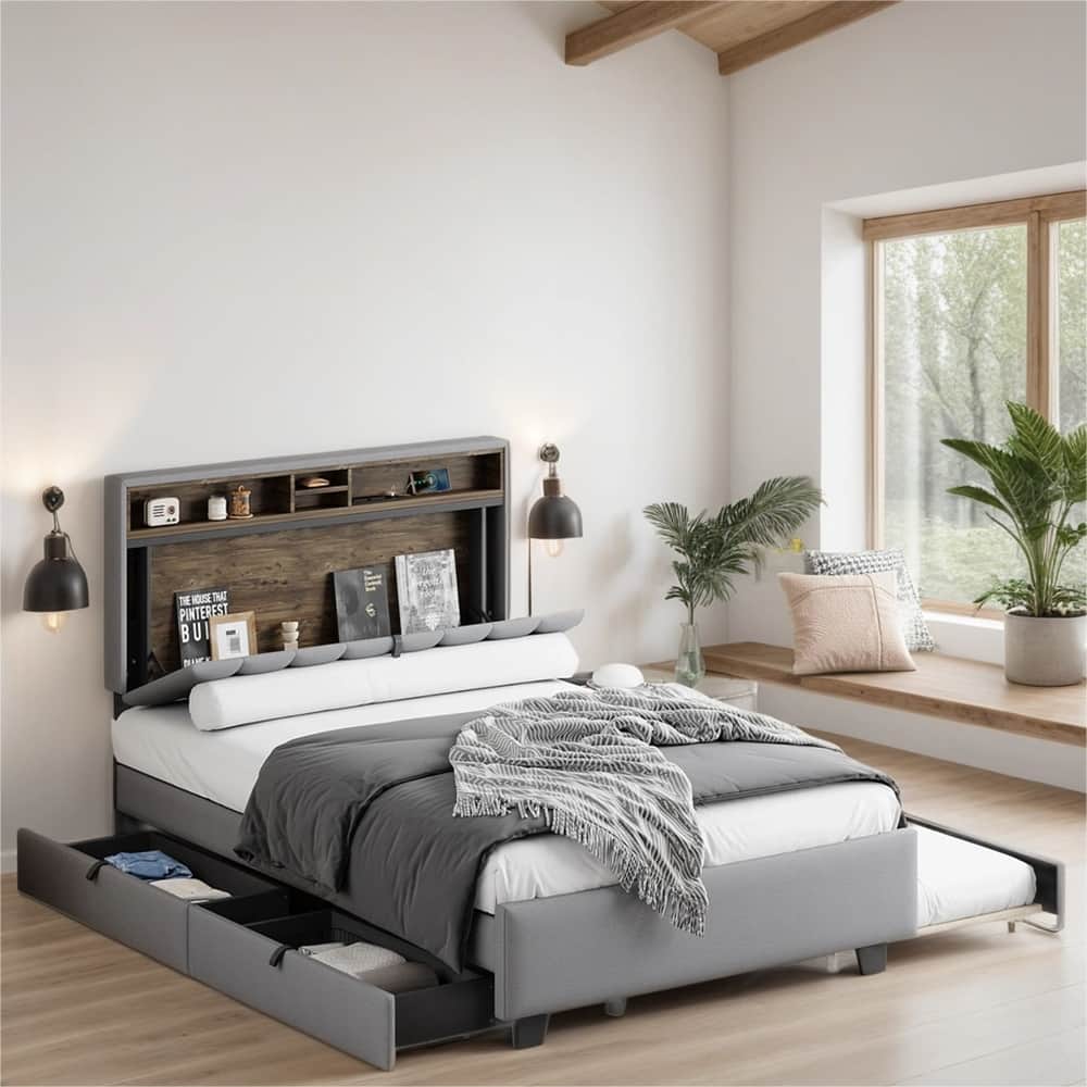Full Size Linen Upholstered Platform Bed with Trundle and USB Ports