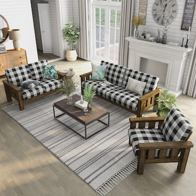 Furniture of America Jimo Rustic Oak and Linen Fabric 3-piece Sofa Set