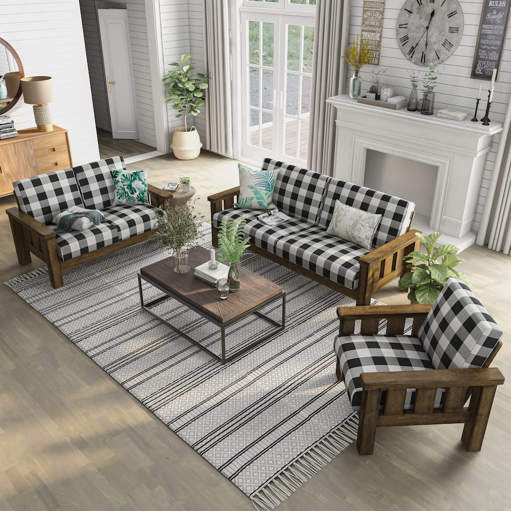 Jimo Rustic Oak and Linen Fabric 3-Piece Sofa Set by Furniture of America