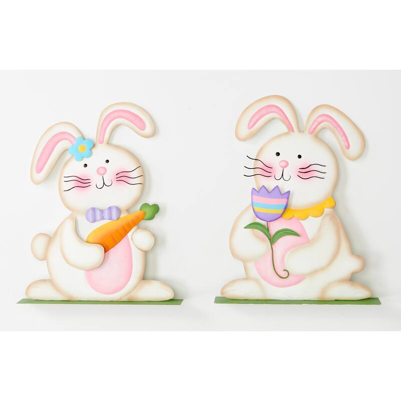 12" Metal Tabletop Easter Bunny Holding Flower and Carrot, Set of 2 - 12