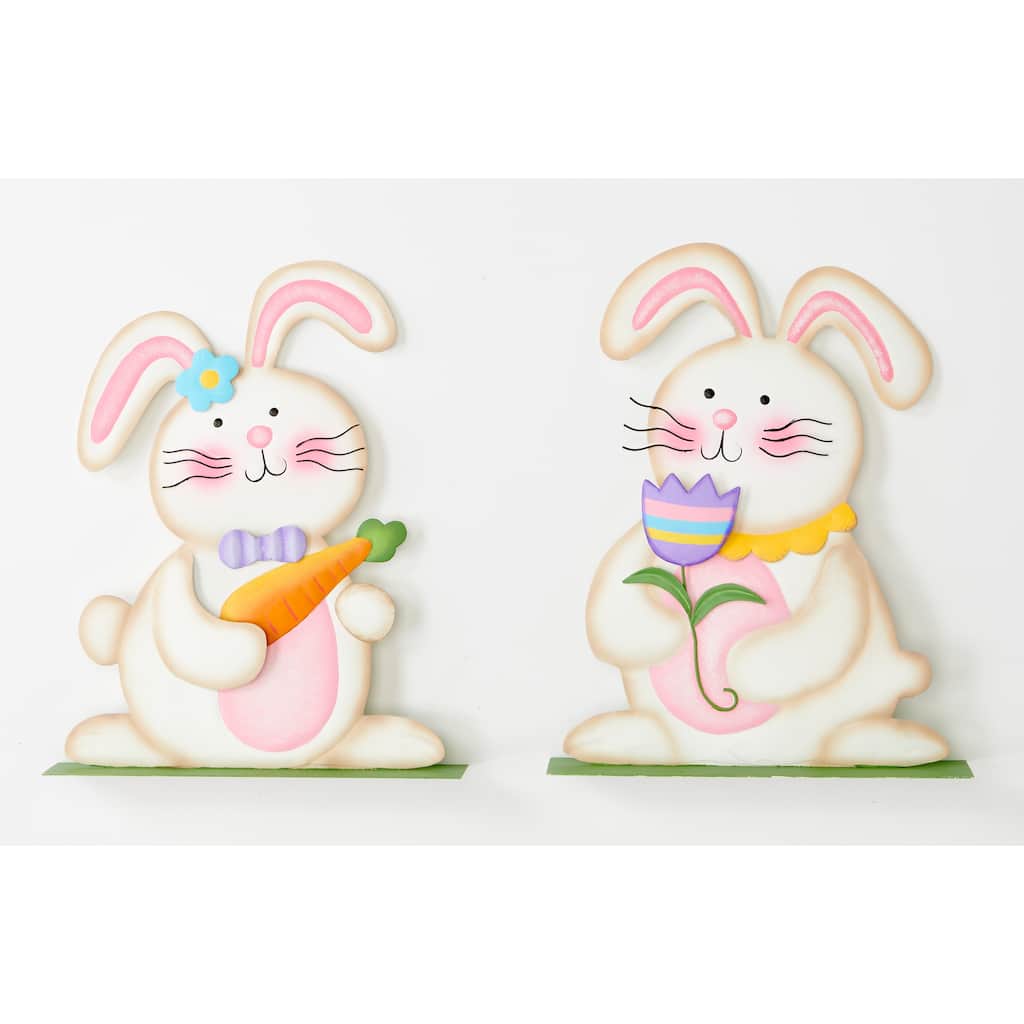12" Metal Tabletop Easter Bunny Holding Flower and Carrot, Set of 2 - 12