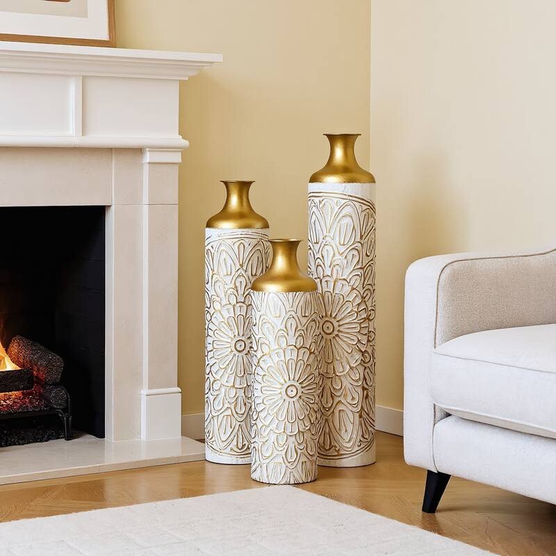 Droplet Shaped Metal Vase 3-Piece Set White Glazed Finish Modern Floor Decor